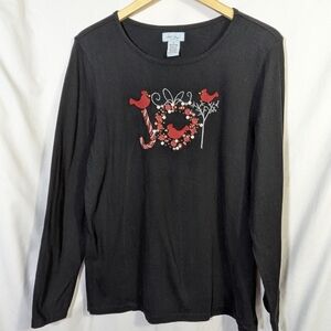 Clear Sky Embellished "JOY" Christmas Holiday Long Sleeve T-shirt, Black & Red L